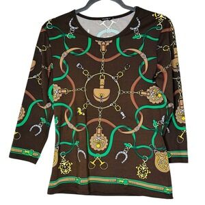 J McLaughlin Women Fairfax Crest Signature T Shirt M Brown Equestrian Old Money